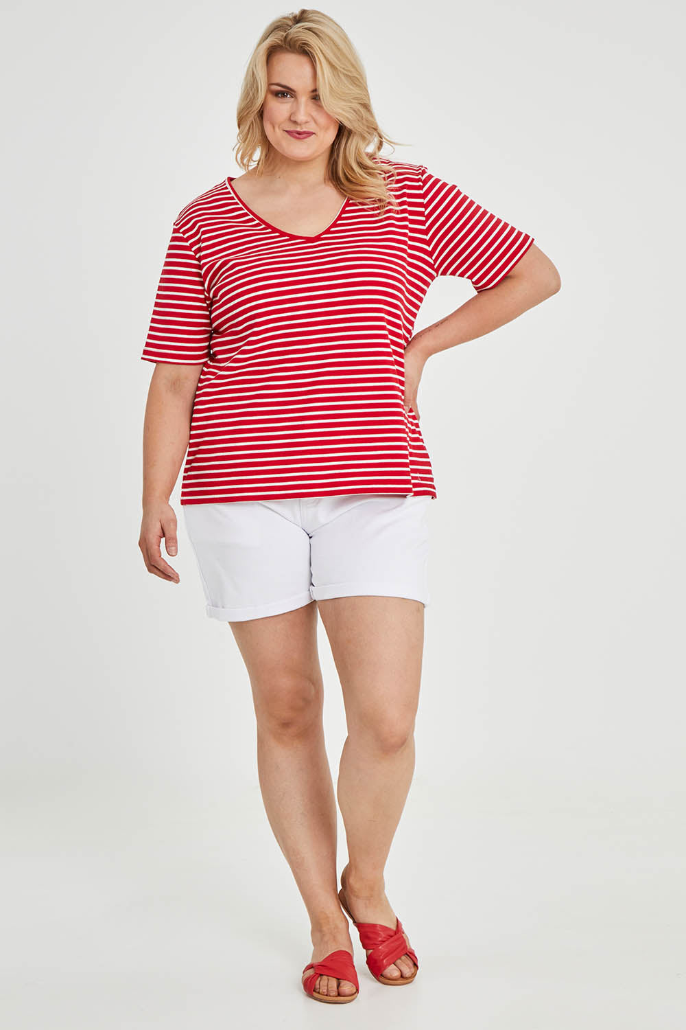 Model Keeara wearing size 16 of The Keepers V Neck Striped Rib Tee in colour Red (Red), from the front, showing the whole outfit