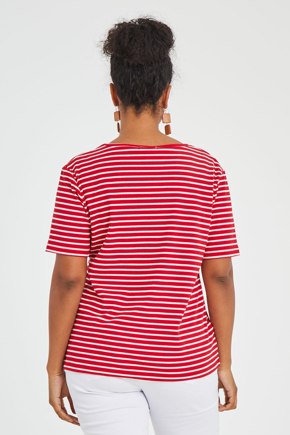 Model Noli wearing size 14 of The Keepers V Neck Striped Rib Tee in colour Red (Red), from the back