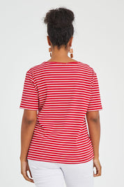 Model Noli wearing size 14 of The Keepers V Neck Striped Rib Tee in colour Red (Red), from the back