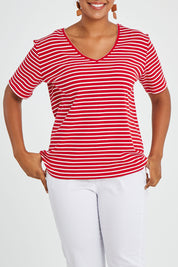 Model Noli wearing size 14 of The Keepers V Neck Striped Rib Tee in colour Red (Red), from the front, cropped image
