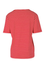 Product shot of The Keepers V Neck Striped Rib Tee in colour Red (Red), from the back