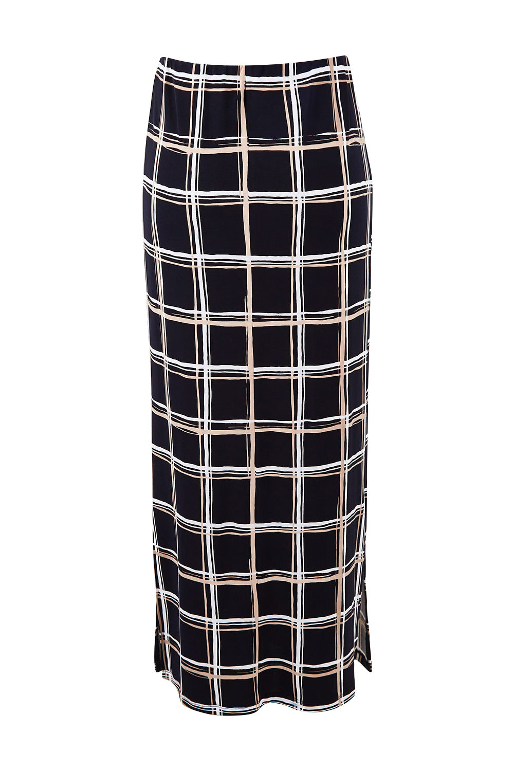 Product shot of The Printed Easy Wear Maxi Skirt in colour Bluecheck (Blue), from the back