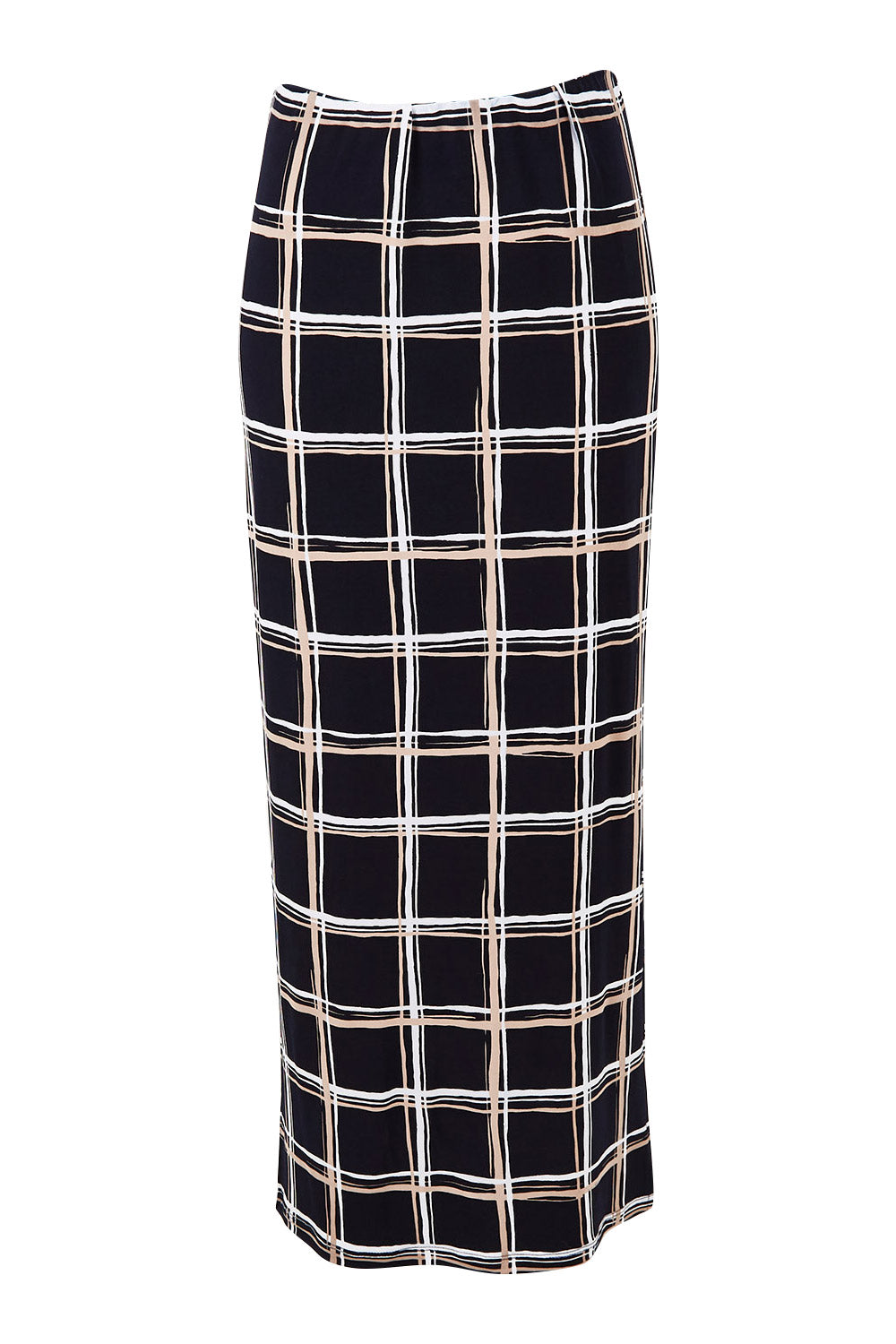 Product shot of The Printed Easy Wear Maxi Skirt in colour Bluecheck (Blue), from the front