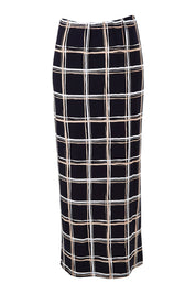 Product shot of The Printed Easy Wear Maxi Skirt in colour Bluecheck (Blue), from the front
