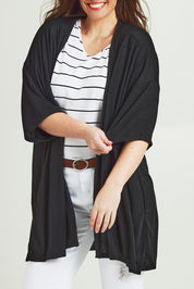 Model Jane wearing size 14 of The Perfect Summer Knit Cardi in colour Black (Black), from the front, cropped image