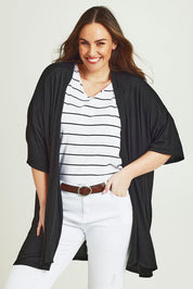 Model Jane wearing size 14 of The Perfect Summer Knit Cardi in colour Black (Black), from the front, cropped image