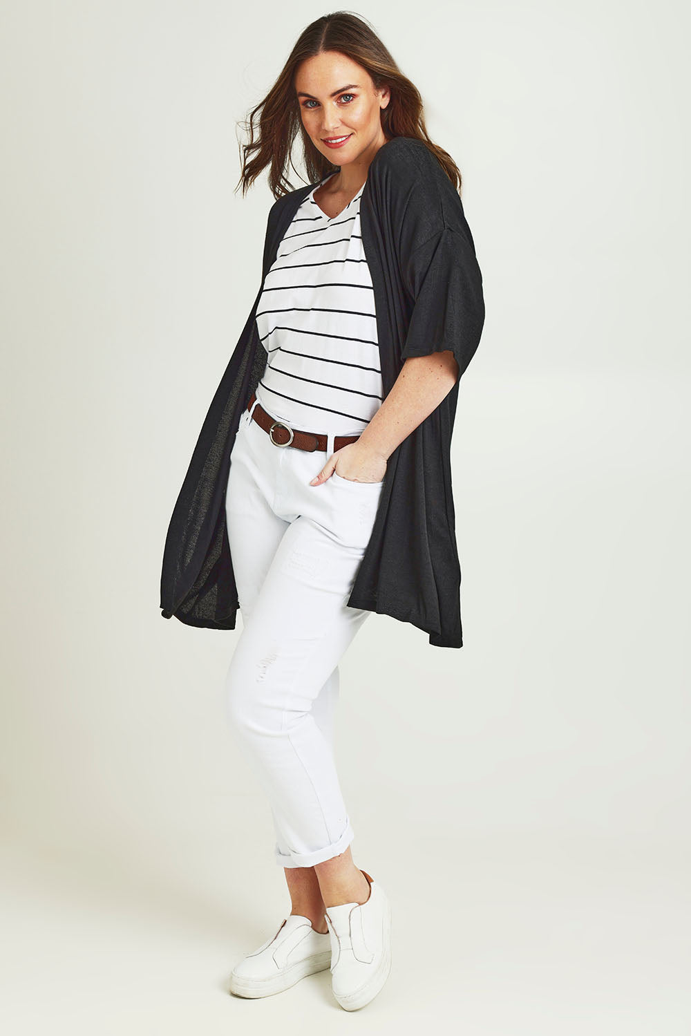 Model Jane wearing size 14 of The Perfect Summer Knit Cardi in colour Black (Black), from the front, showing the whole outfit