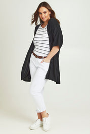 Model Jane wearing size 14 of The Perfect Summer Knit Cardi in colour Black (Black), from the front, showing the whole outfit