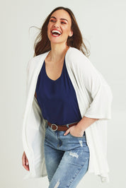 Model Jane wearing size 14 of The Perfect Summer Knit Cardi in colour White (White), from the front, cropped image