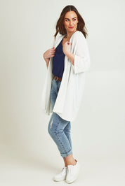 Model Jane wearing size 14 of The Perfect Summer Knit Cardi in colour White (White), from the front, showing the whole outfit