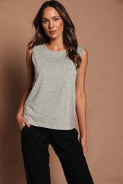 Model Madeline wearing size 10 of The Keepers Classic Tank in colour Greymarle (Grey), from the front, showing the whole outfit