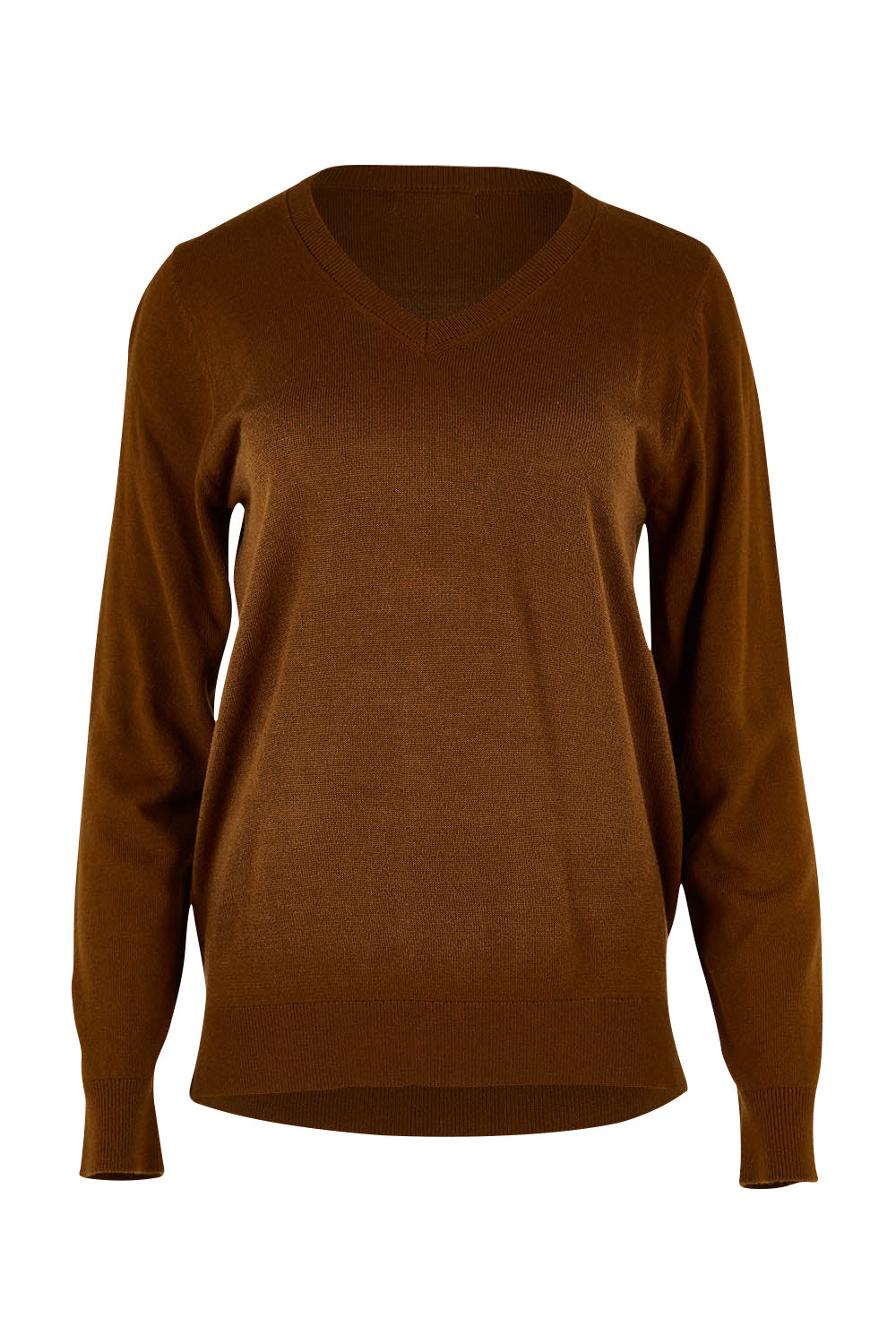 Product shot of The Keepers Soft V Neck Jumper in colour Bark, from the front