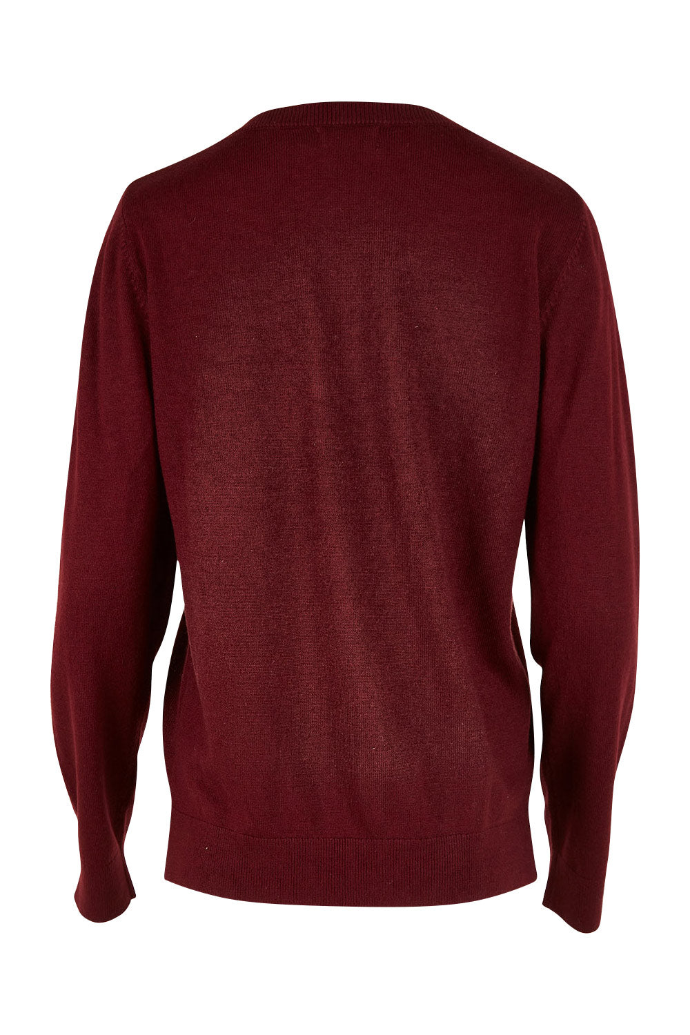 Product shot of The Keepers Soft V Neck Jumper in colour Burgundy (Purple), from the back