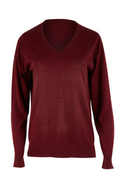 Product shot of The Keepers Soft V Neck Jumper in colour Burgundy (Purple), from the front