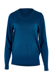 Product shot of The Keepers Soft V Neck Jumper in colour Petrol (Blue), from the front