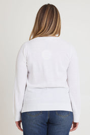Model Chanel wearing size XL of The Keepers Soft V Neck Jumper in colour White (White), from the back