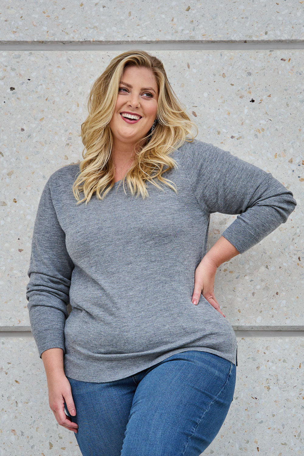 Model Caitlin wearing size XXL of The Keepers Soft Round Neck Jumper in colour Greymarle (Grey), from the front, showing the whole outfit