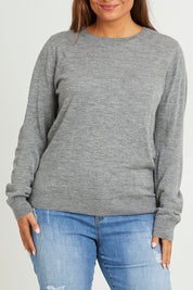 Model Monique wearing size L of The Keepers Soft Round Neck Jumper in colour Greymarle (Grey), from the front, cropped image