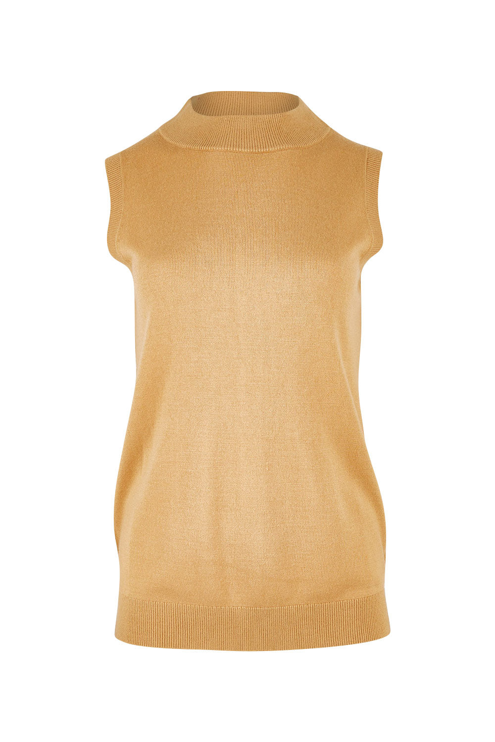 Product shot of The Soft Sleeveless Mockturtle Jumper in colour Camel, from the front