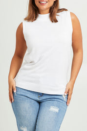 Model Monique wearing size L of The Soft Sleeveless Mockturtle Jumper in colour White (White), from the front, cropped image