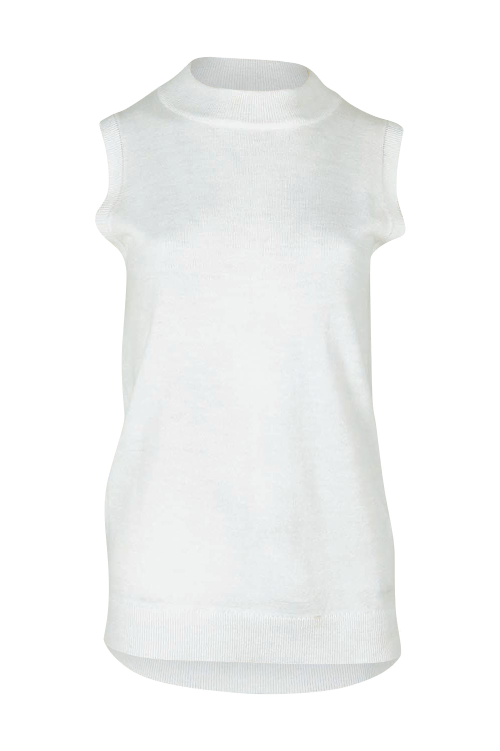 Product shot of The Soft Sleeveless Mockturtle Jumper in colour White (White), from the front