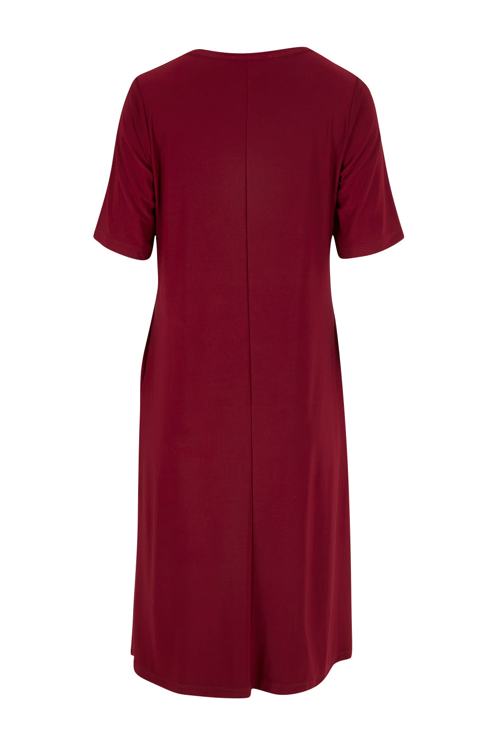 Product shot of The Recycled Easy Wear Keyhole Dress in colour Burgundy (Purple), from the back