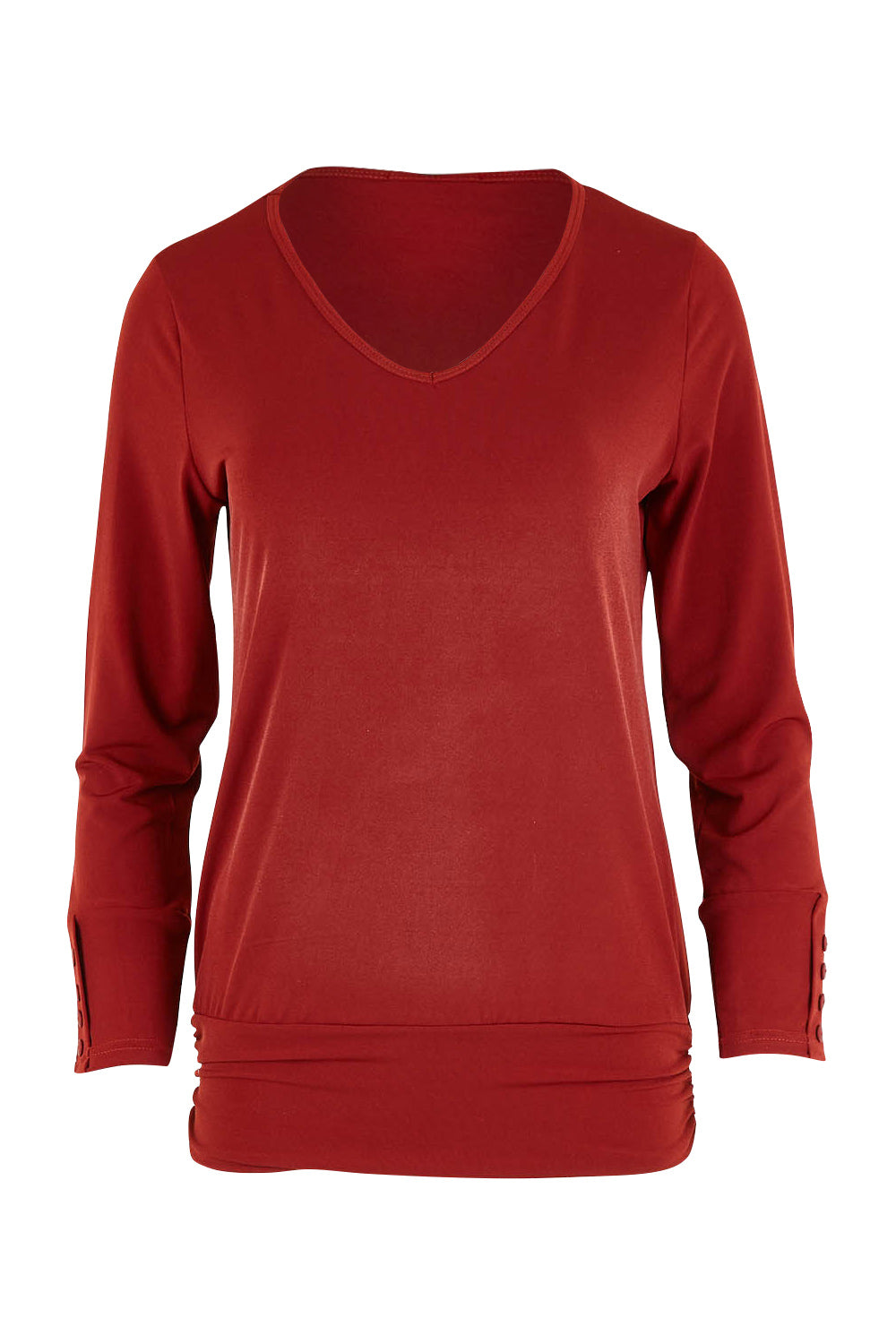 Product shot of The Recycled V Neck L/S Tee in colour Terracotta, from the front