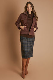 Model Madeline wearing size 10 of The Ponte Check Skirt in colour Chocnavy (Blue), from the front, showing the whole outfit