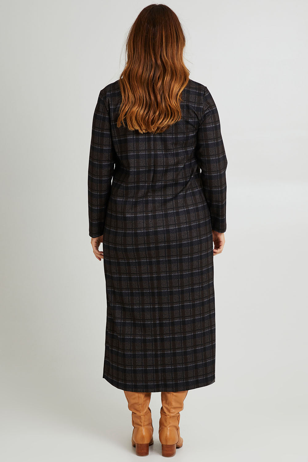 Model Laura wearing size 14 of The Ponte Check Dress in colour Chocnavy (Blue), from the back