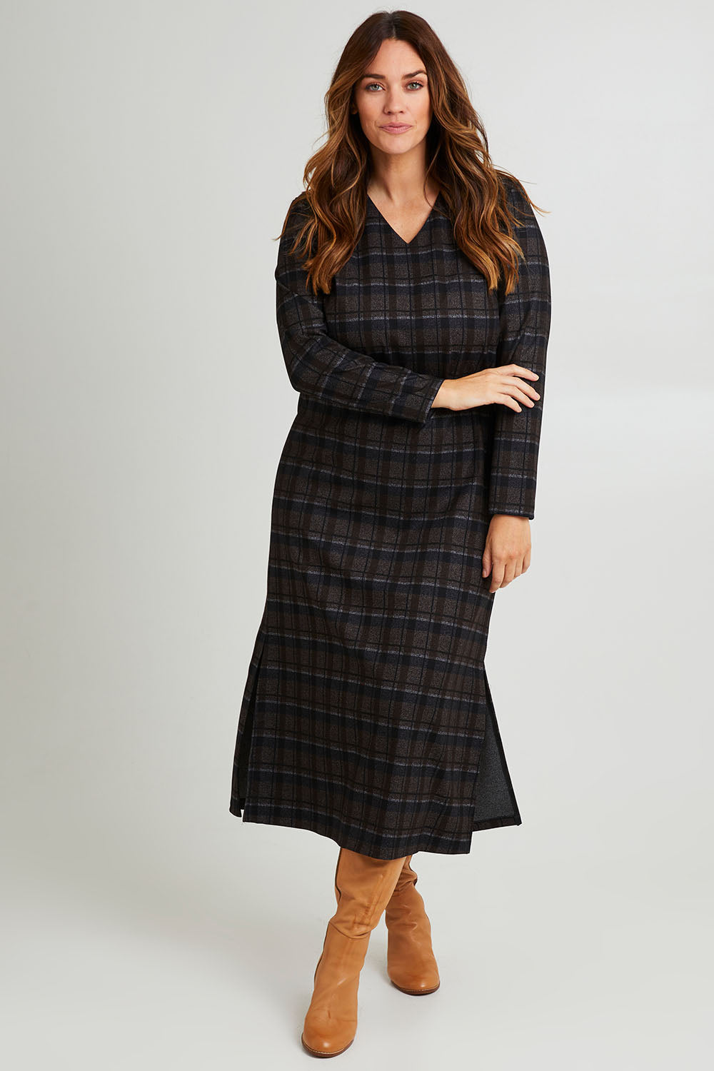 Model Laura wearing size 14 of The Ponte Check Dress in colour Chocnavy (Blue), from the front, showing the whole outfit