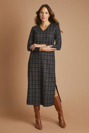 Model Madeline wearing size 10 of The Ponte Check Dress in colour Chocnavy (Blue), from the front, showing the whole outfit