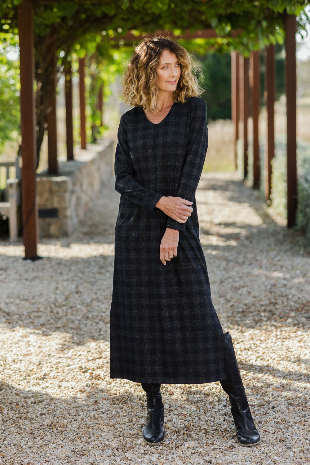 Model Emma wearing size 10 of The Ponte Check Dress in colour Blackgrey (Black), from the front, showing the whole outfit