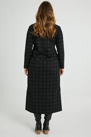 Model Laura wearing size 14 of The Ponte Check Dress in colour Blackgrey (Black), from the back