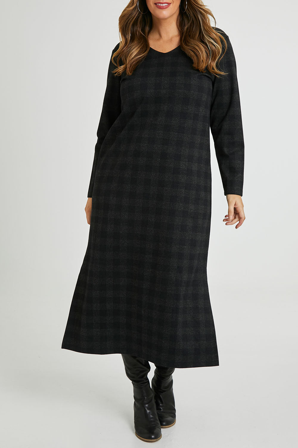 Model Laura wearing size 14 of The Ponte Check Dress in colour Blackgrey (Black), from the front, cropped image