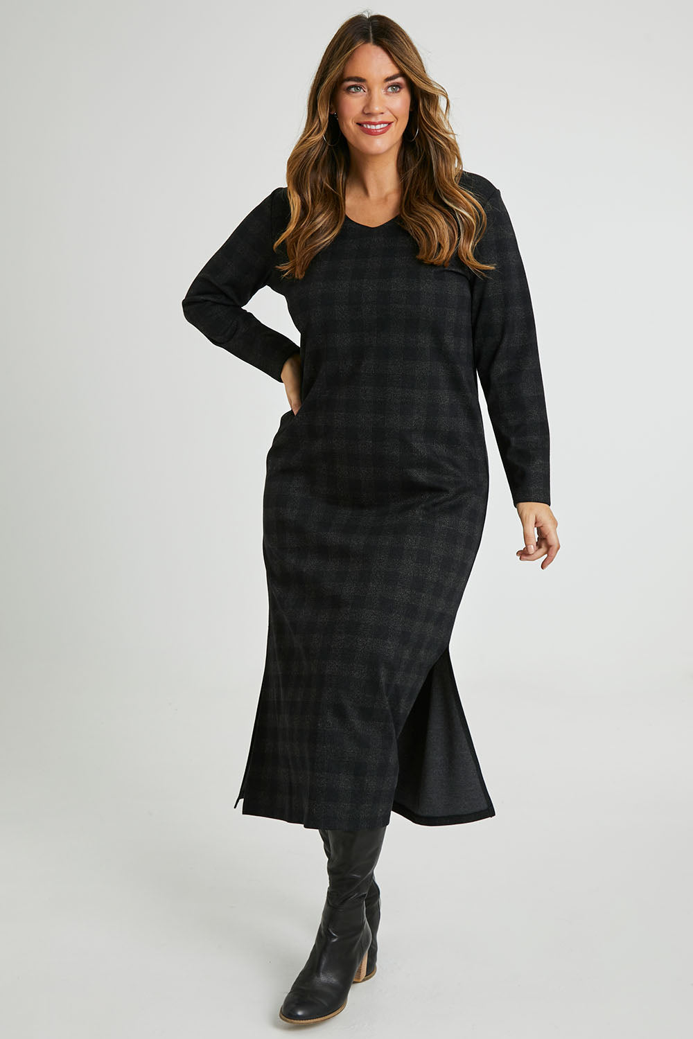 Model Laura wearing size 14 of The Ponte Check Dress in colour Blackgrey (Black), from the front, showing the whole outfit