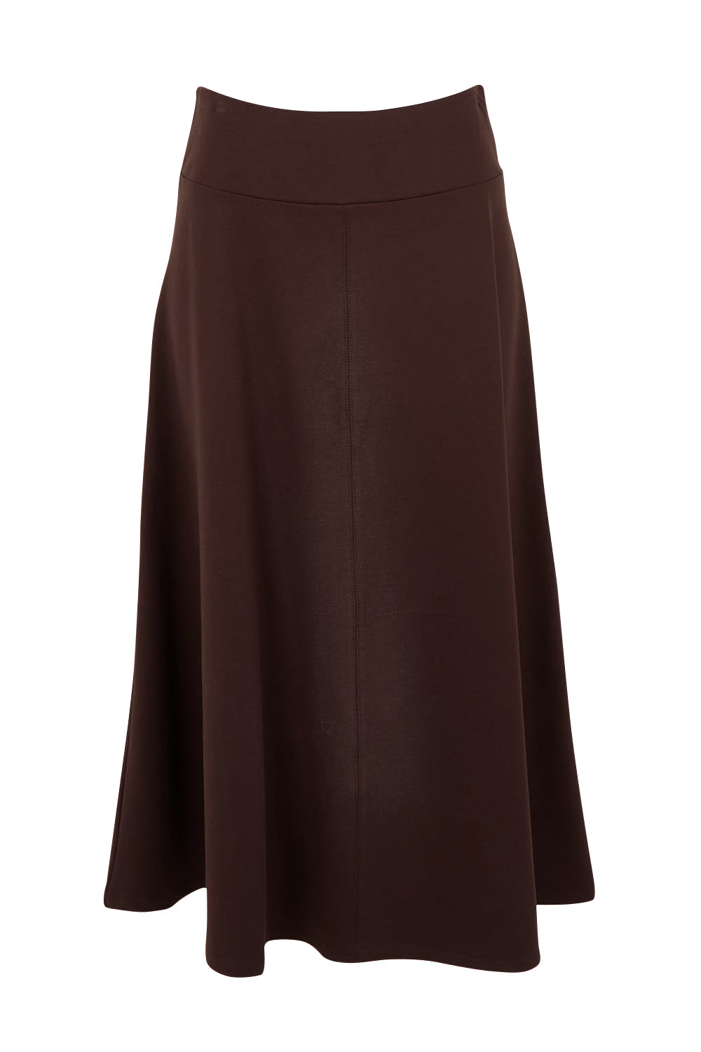 Product shot of The Fit And Flare Ponte Skirt in colour Chocolate, from the front