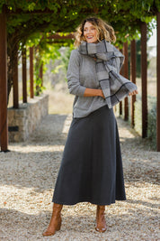 Model Emma wearing size 10 of The Fit And Flare Ponte Skirt in colour Greymarle (Grey), from the front, showing the whole outfit