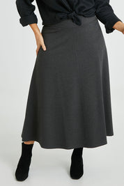 Model Laura wearing size 14 of The Fit And Flare Ponte Skirt in colour Greymarle (Grey), from the front, cropped image