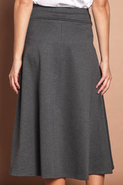 Model Madeline wearing size 10 of The Fit And Flare Ponte Skirt in colour Greymarle (Grey), from the back