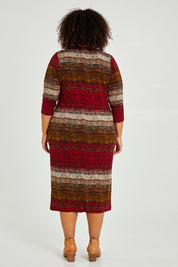 Model Alexis wearing size 16 of The Print Everyday V Neck Dress in colour Multistrip (Red), from the back