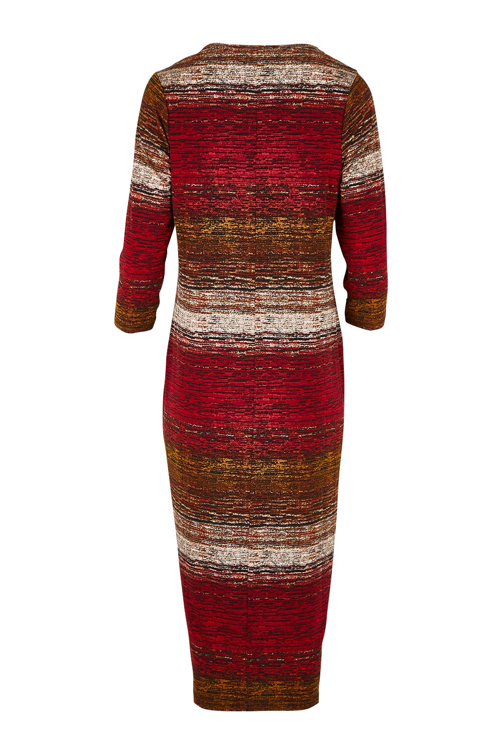 Product shot of The Print Everyday V Neck Dress in colour Multistrip (Red), from the back