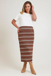 Model Chanel wearing size 16 of The Striped Knit Lined Skirt in colour Warmtones (Grey), from the front, showing the whole outfit