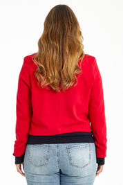 Model Laura wearing size 14 of The Edge To Edge Ponte Blazer in colour Red (Red), from the back