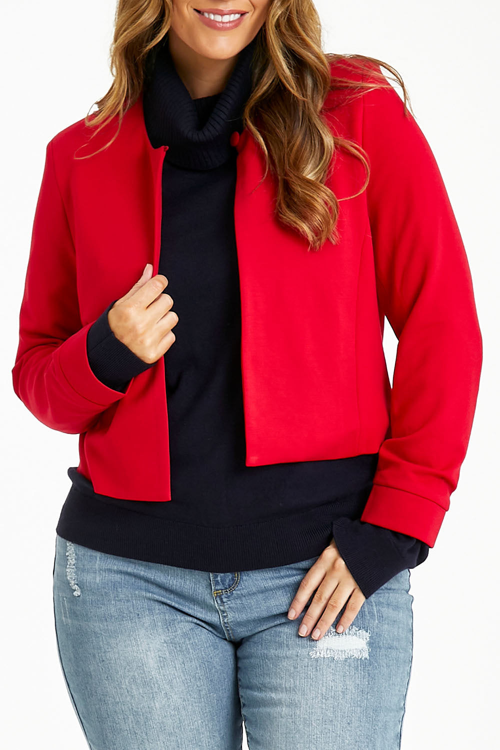 Model Laura wearing size 14 of The Edge To Edge Ponte Blazer in colour Red (Red), from the front, cropped image
