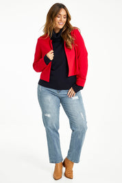 Model Laura wearing size 14 of The Edge To Edge Ponte Blazer in colour Red (Red), from the front, showing the whole outfit