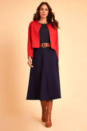 Model Madeline wearing size 10 of The Edge To Edge Ponte Blazer in colour Red (Red), from the front, showing the whole outfit