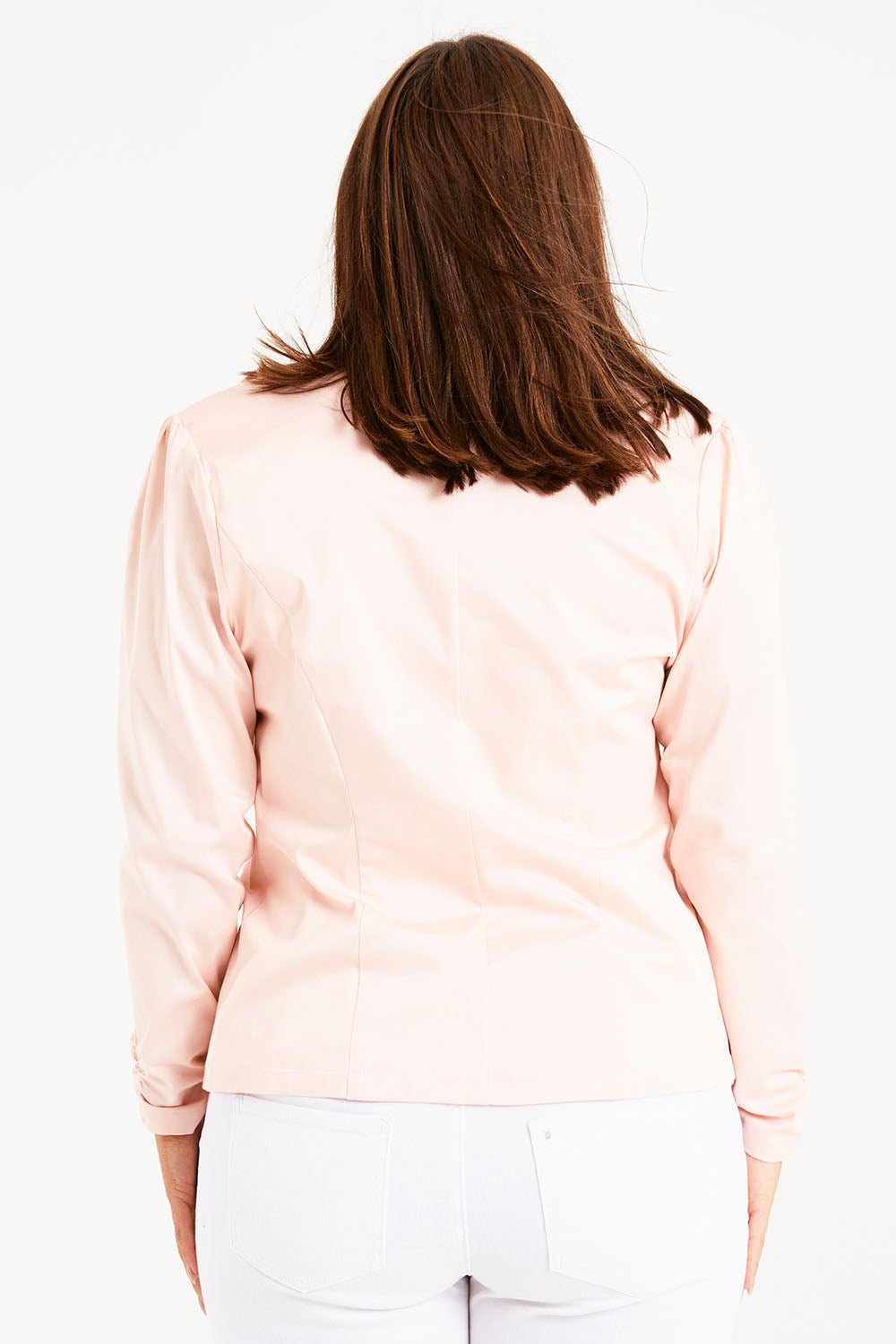 Model Monique wearing size 14 of The Everyday Long Sleeve Blazer in colour Blush (Pink), from the back