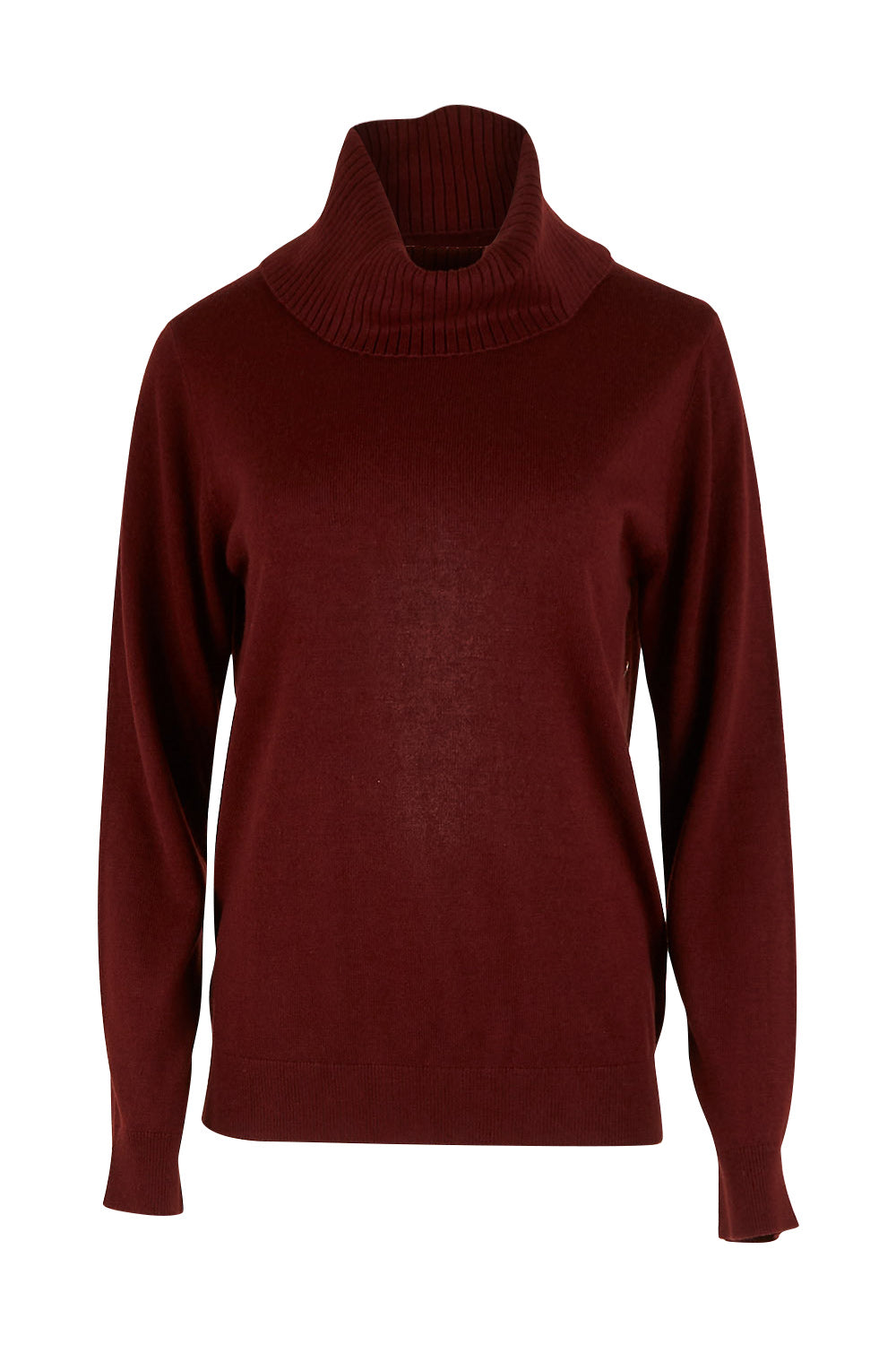 Product shot of The Keepers Soft Roll Neck Jumper in colour Burntplum (Purple), from the front
