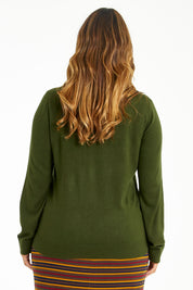 Model Laura wearing size L of The Keepers Soft Roll Neck Jumper in colour Darkolive (Green), from the back