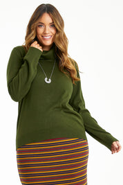 Model Laura wearing size L of The Keepers Soft Roll Neck Jumper in colour Darkolive (Green), from the front, cropped image